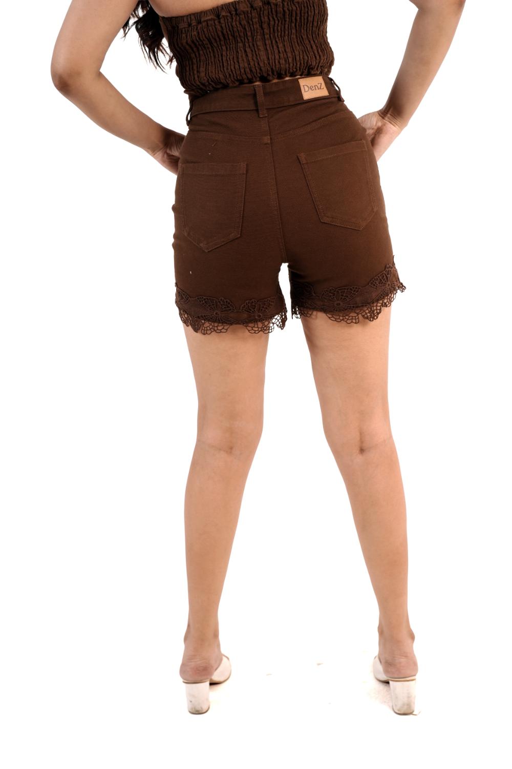 Terra Cutwork | Brown Denim Shorts