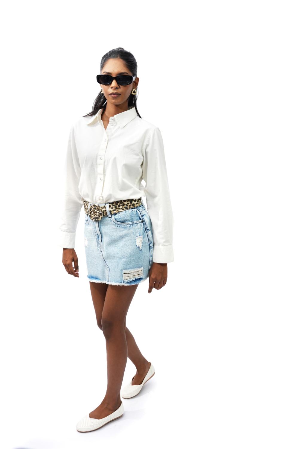 Frost Edge | Ripped denim skirt with detachable leapord print belt