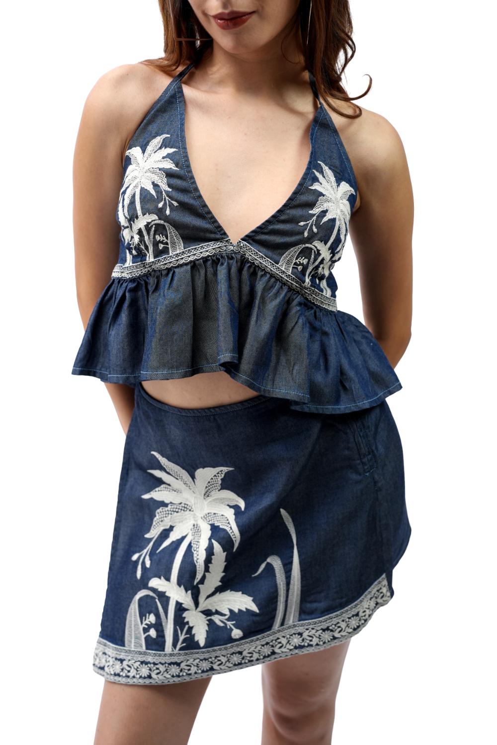 Tropic Dusk|Embroiderd wrap illusion mini skirt