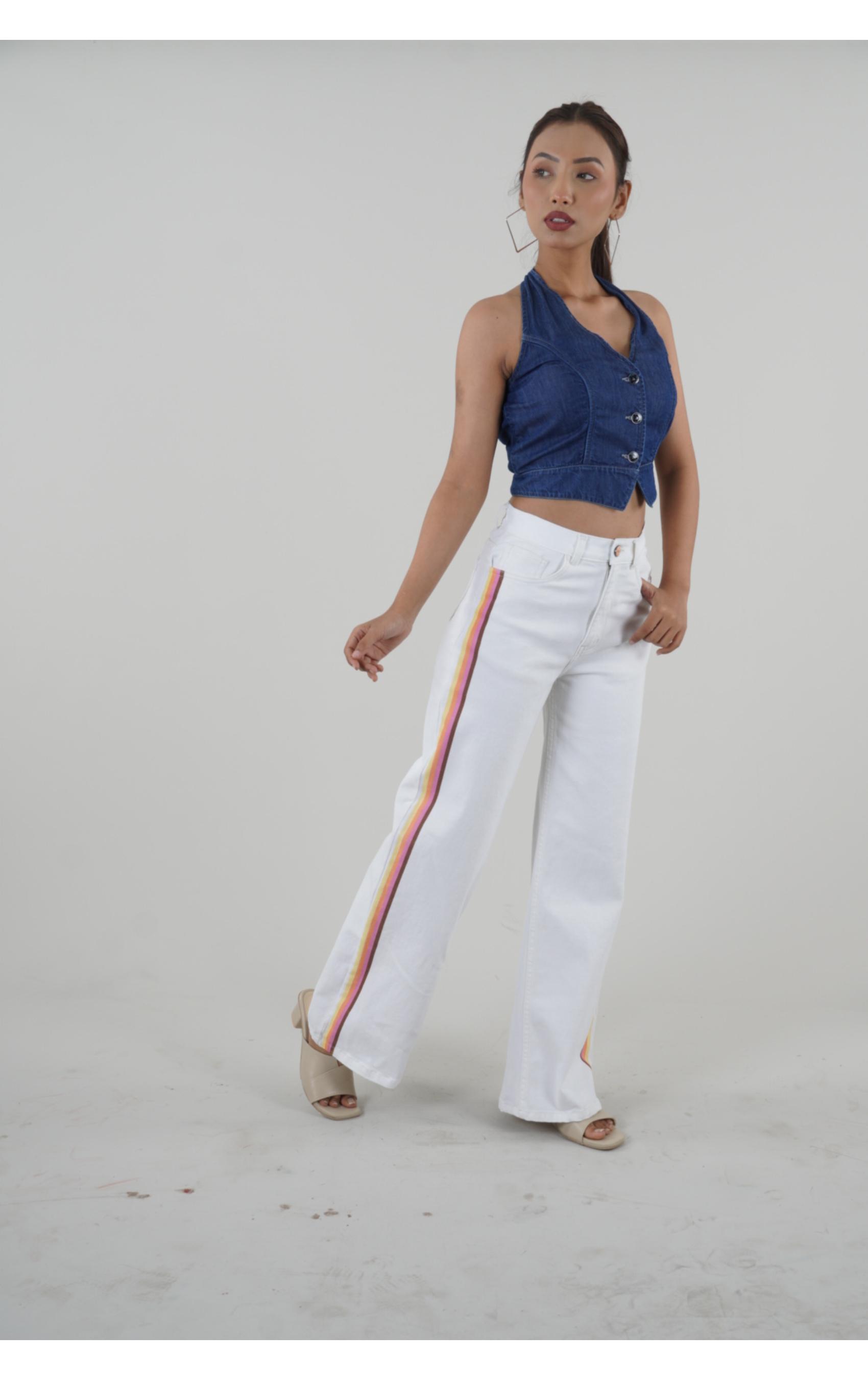 Women’s mid blue denim crop-top, soft cotton Tencel fabric, sizes XS-XL, casual Indian women’s top