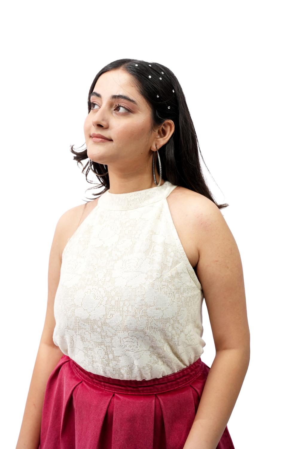 Ivory Edge | Crochet lace fabric racer neck top