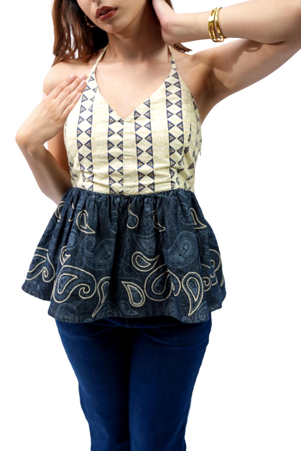 Boho Stitch | Halter neck peplum top with laser print and embroidery