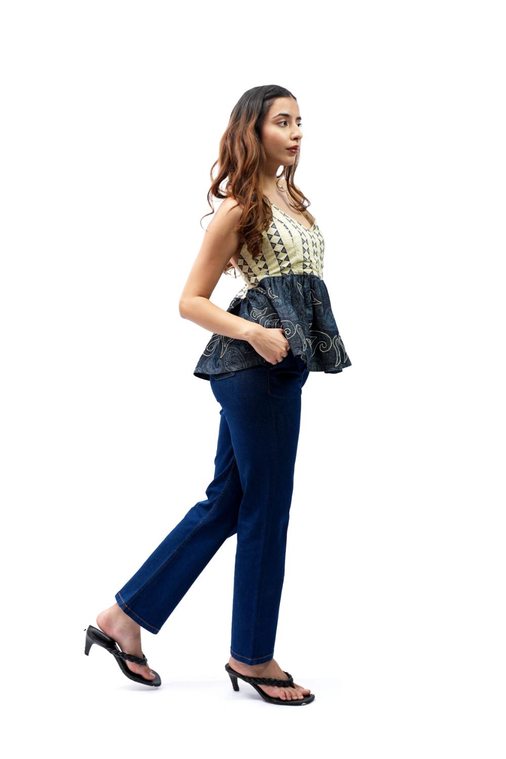 Boho Stitch | Halter neck peplum top with laser print and embroidery