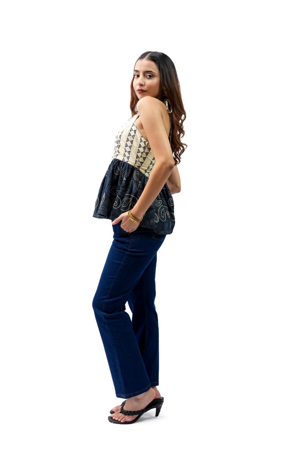Boho Stitch | Halter neck peplum top with laser print and embroidery