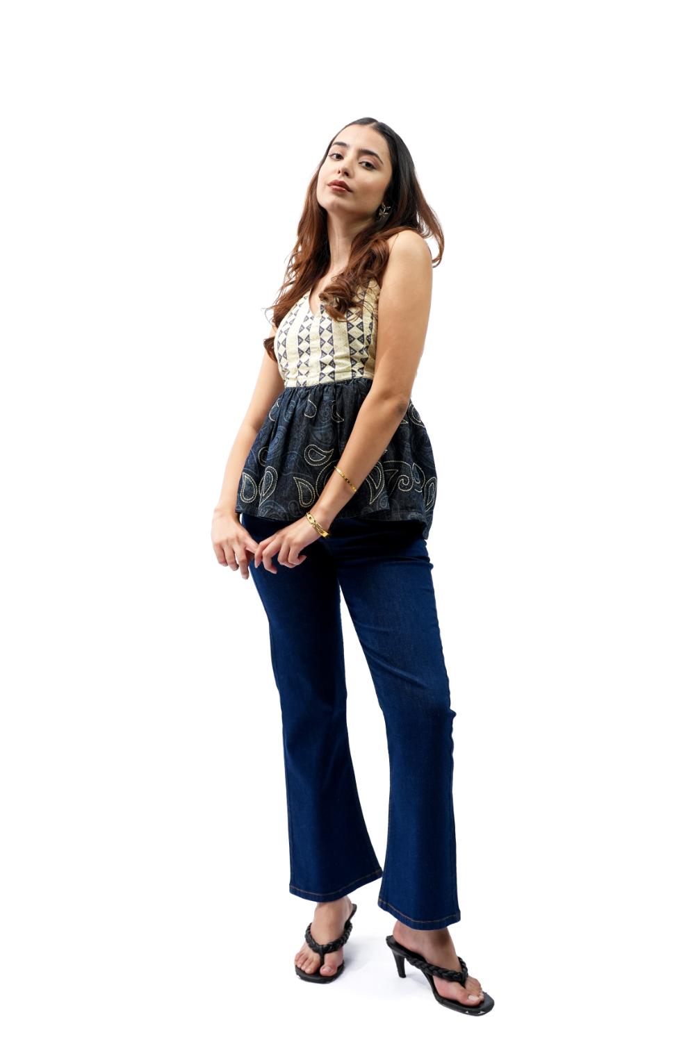 Boho Stitch | Halter neck peplum top with laser print and embroidery