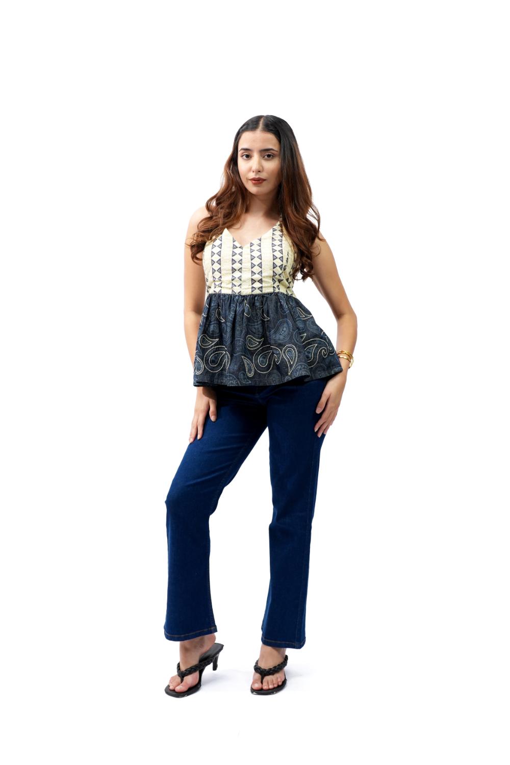 Boho Stitch | Halter neck peplum top with laser print and embroidery
