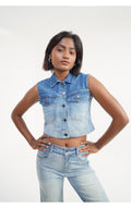 Women’s Sleeveless Jacket Top Mid Blue Denim Short Length