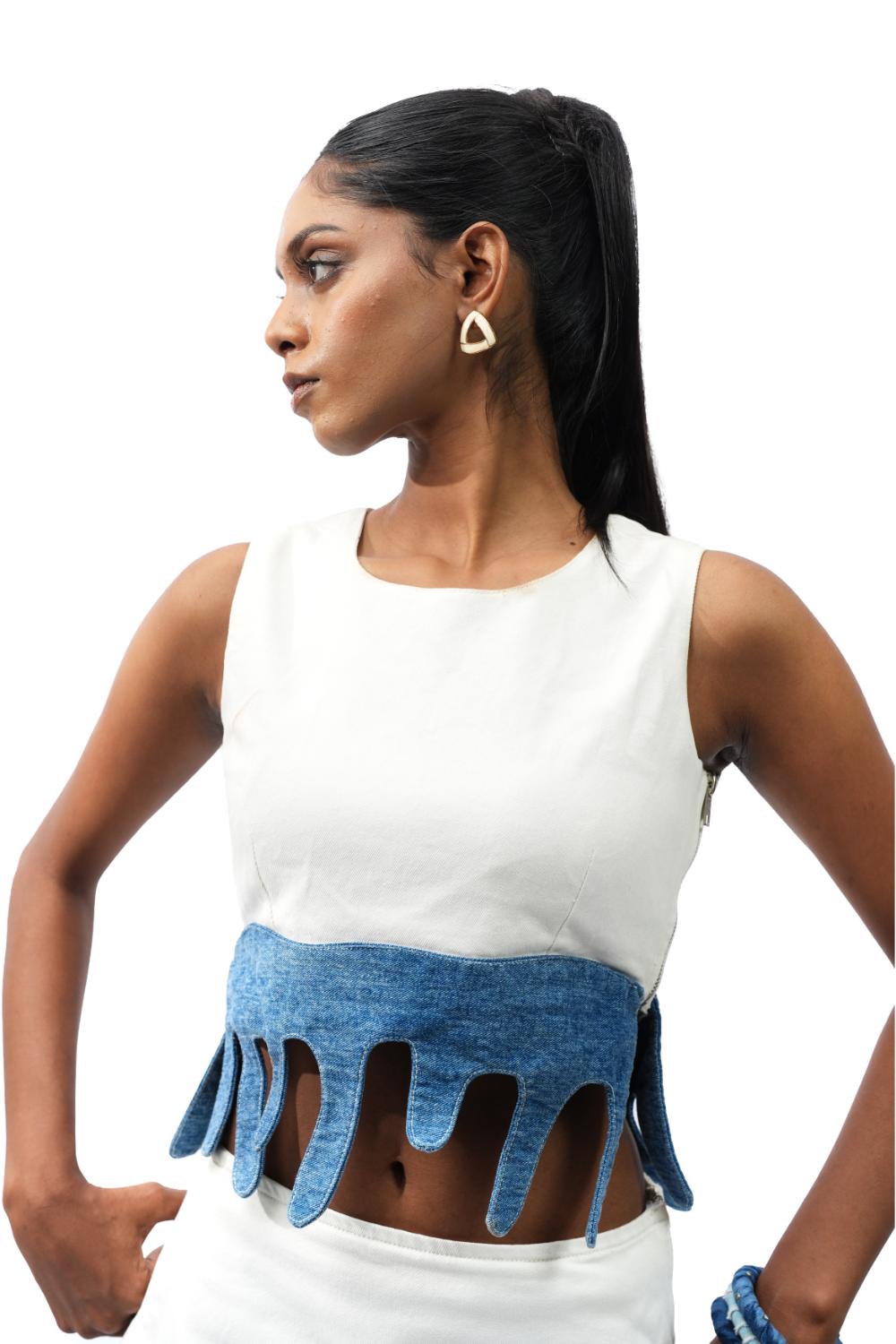 Neo Upcycle top|Offwhite Denim Crop Top With Denim Wave Hem