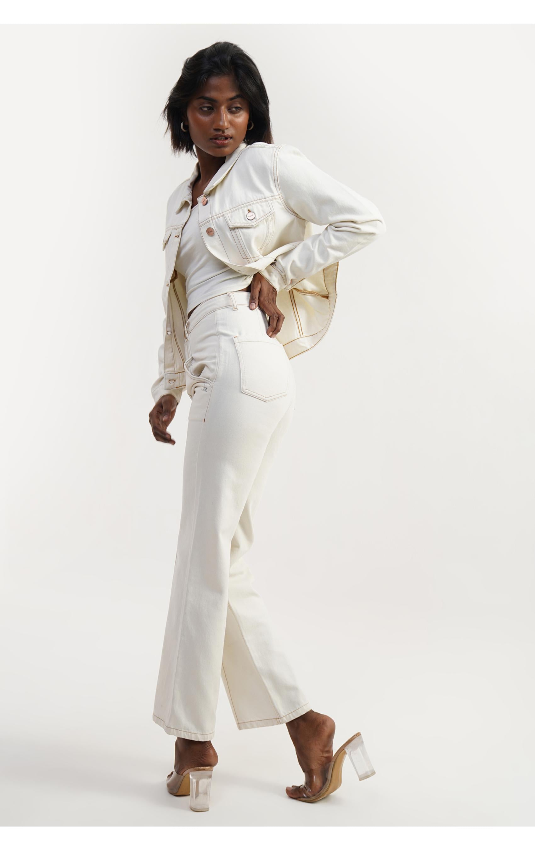 women’s off white jacket in relaxed fit, 100% cotton, minimal style white denim jacket from India, sizes XS-XL