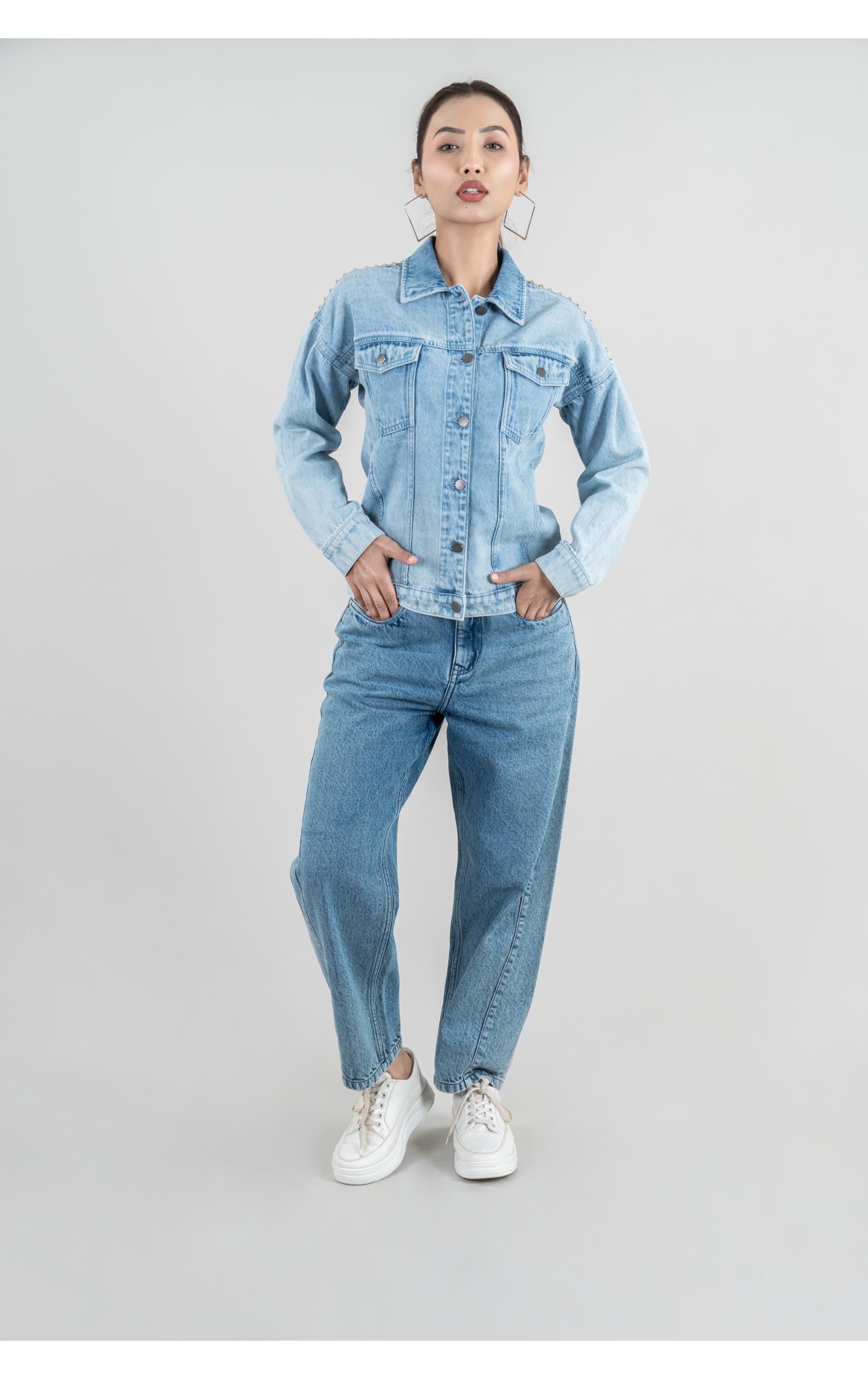 Studds Design Jacket Ice Blue Denim Jacket Acid Wash Cotton