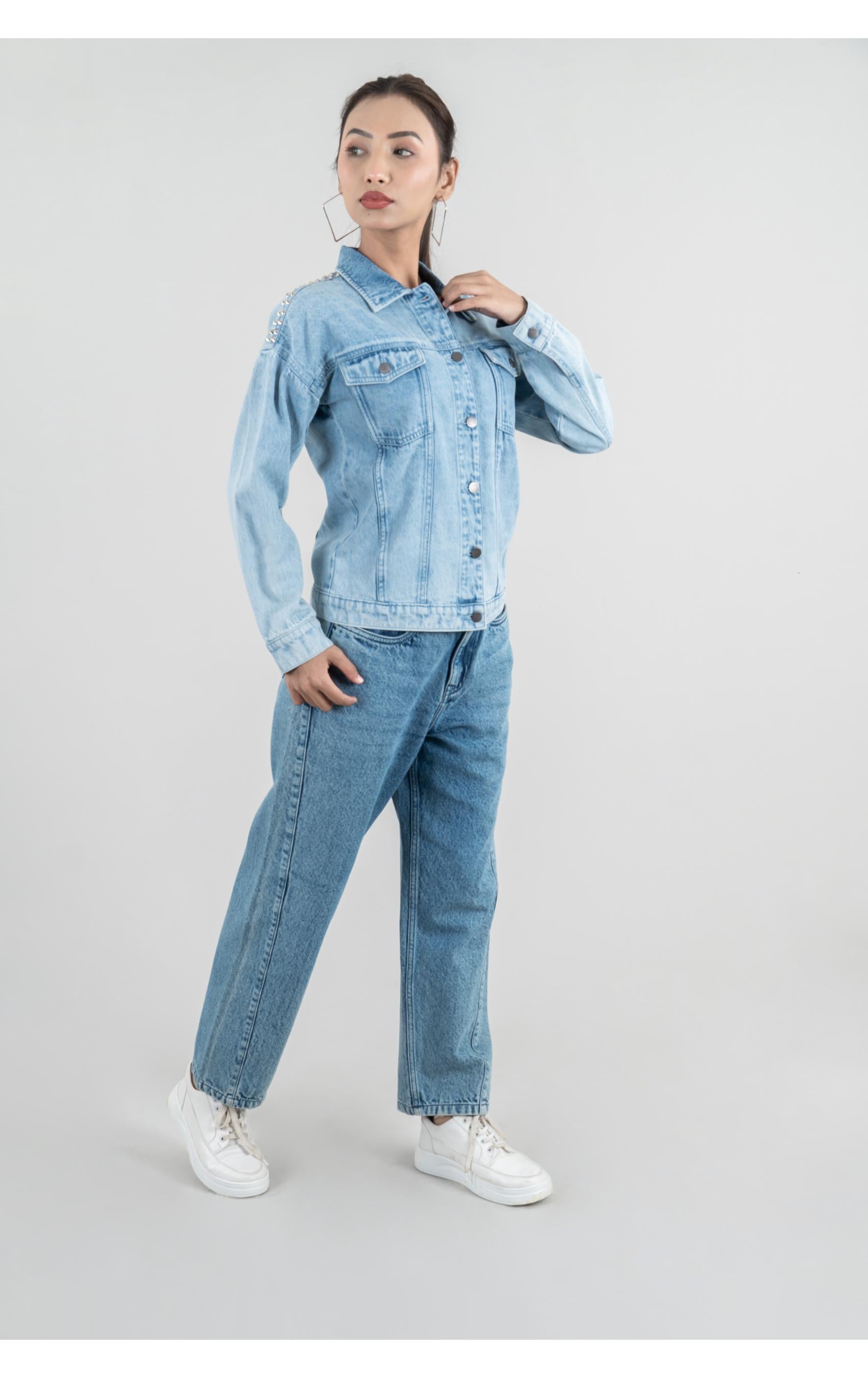 Studds Design Jacket Ice Blue Denim Jacket Acid Wash Cotton