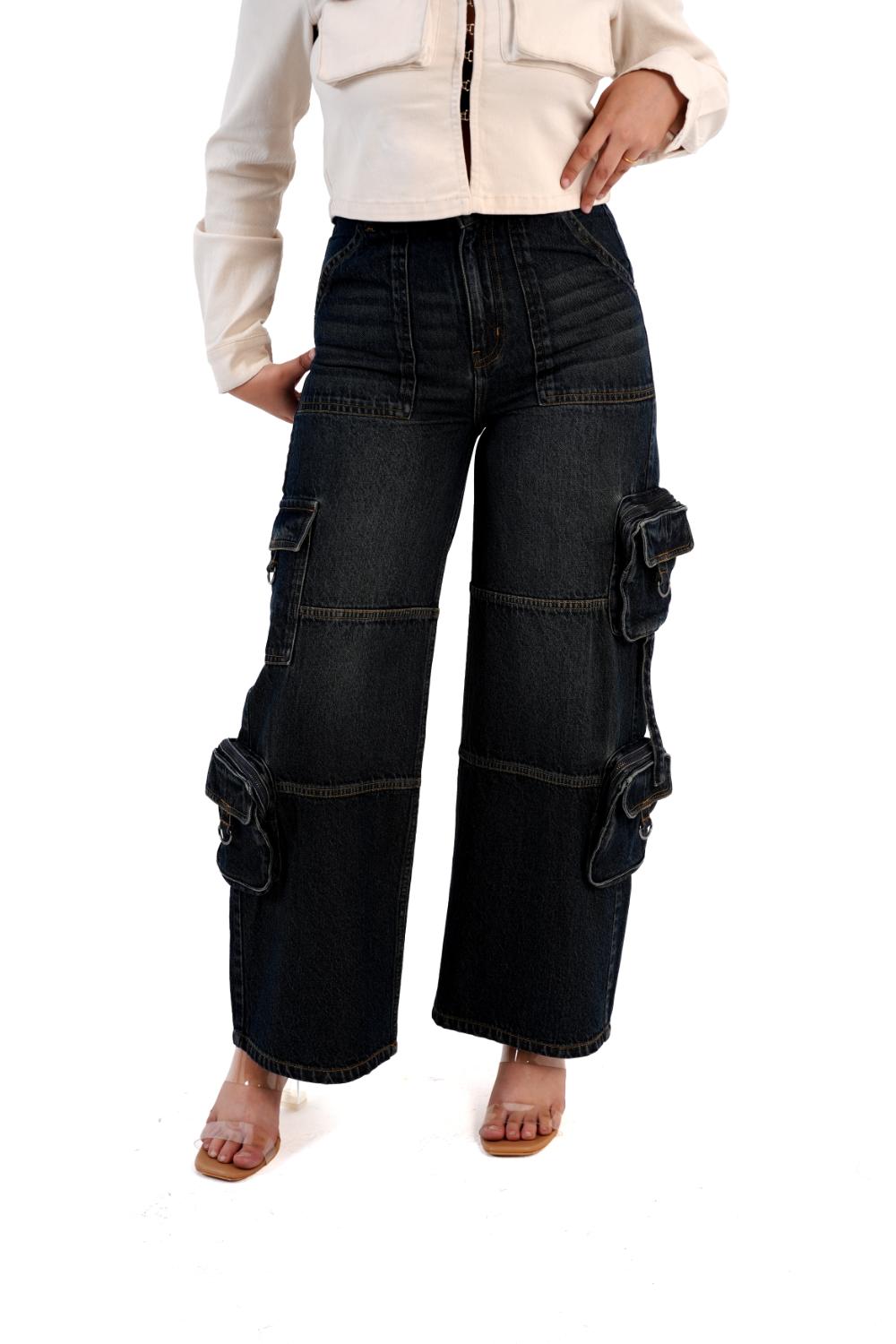 Women's wide leg, high waisted denim jeans with a straight fit, perfect for a trendy and comfortable look.