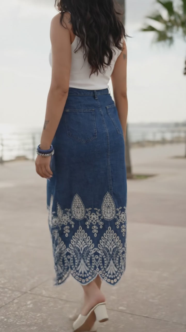 Schiffli Grace | Denim Schiffli Embroidery Skirt: Coastal Stroll
