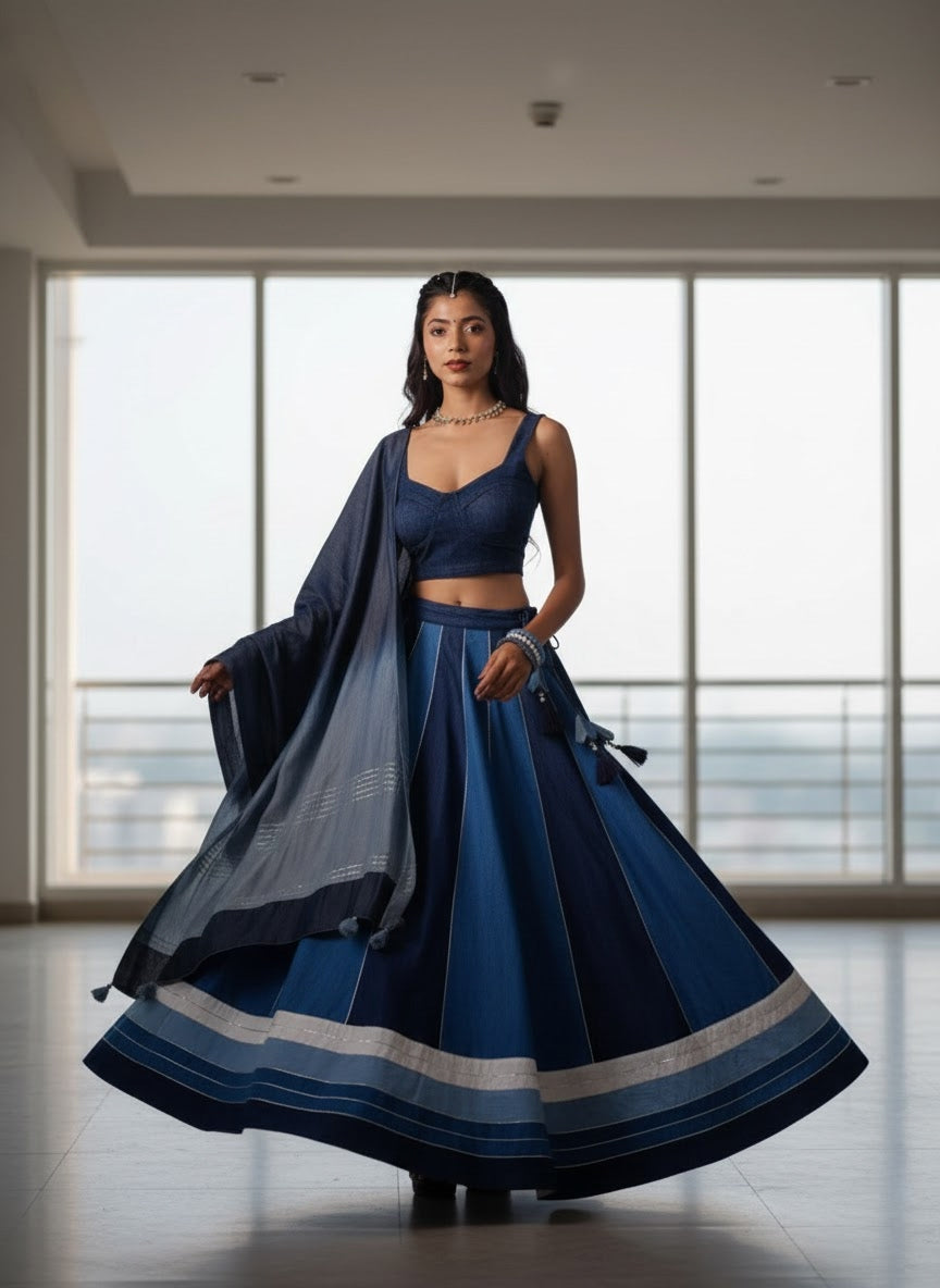 Denim Noor | Denim Lehenga Set - Made to Order: Hero Shot: Modern Festive Elegance