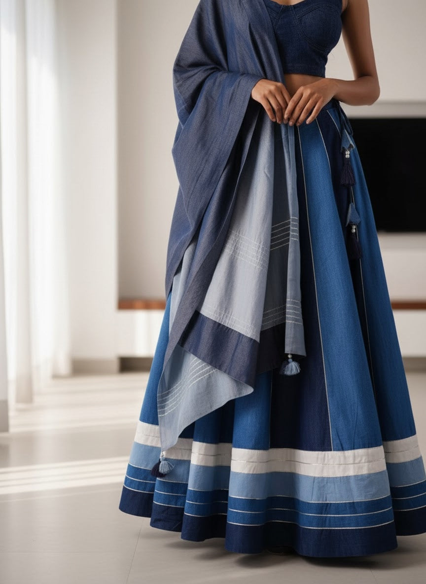 Denim Noor | Denim Lehenga Set - Made to Order: Detail Shot: Fabric and Embellishments