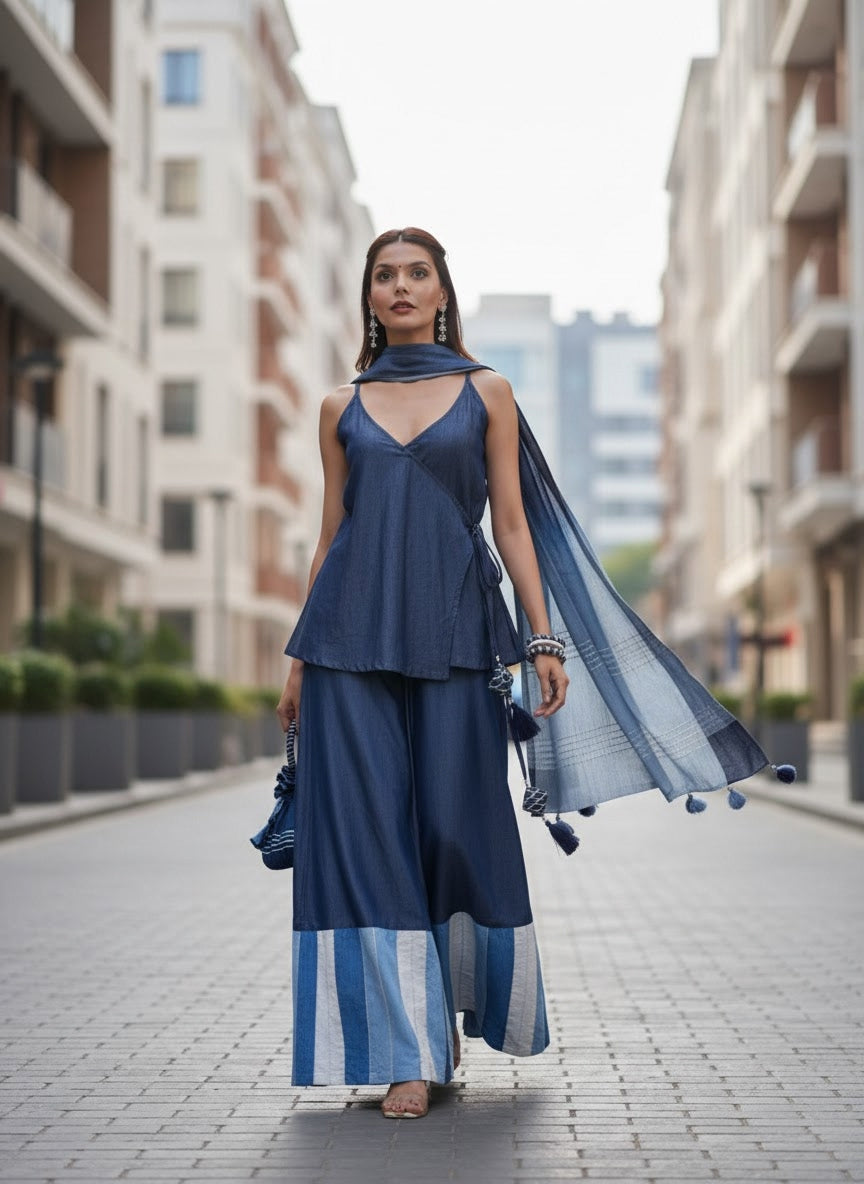 Indigo Jaal | Denim Sharara Set - Made to Order: Urban Flow