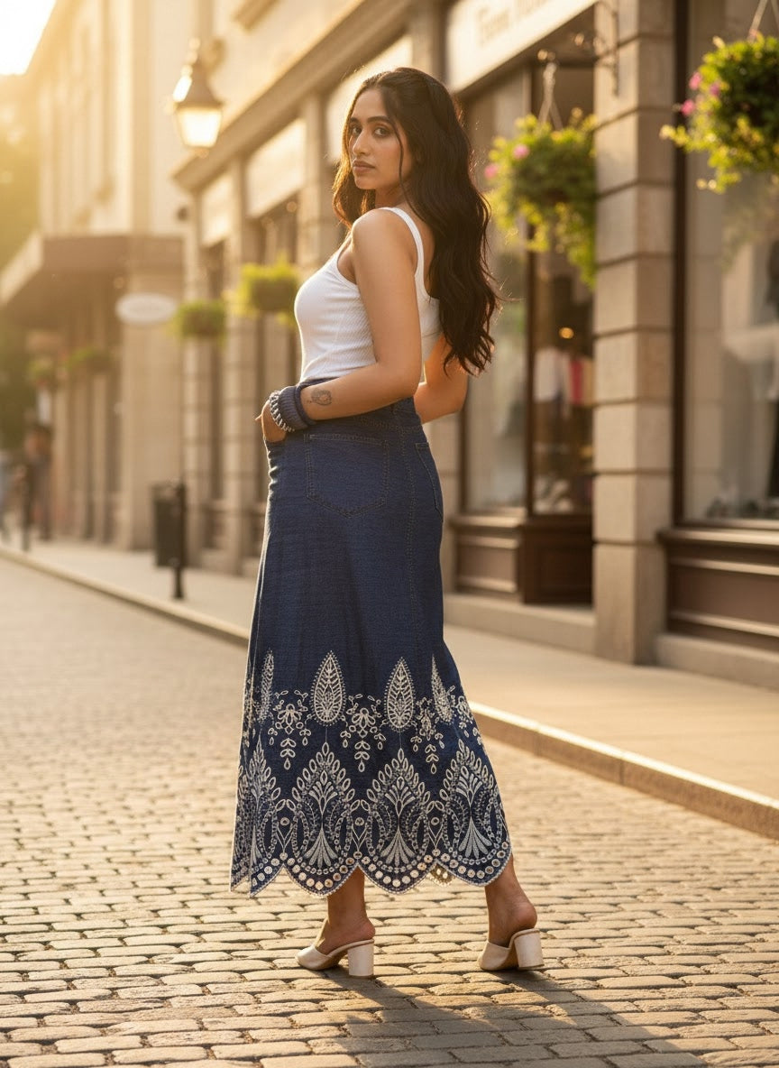 Schiffli Grace | Denim Schiffli Embroidery Skirt: Urban Elegance